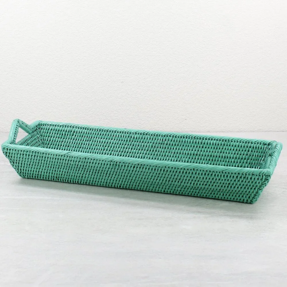 NEW Handwoven Long Large Rattan Serving Tray with Handles-Turquoise